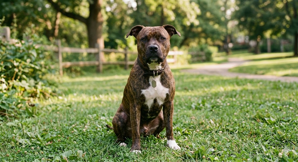 Healthy adult American Staffordshire Terrier (Am Staff) with brindle coat and lean muscular build — feeding amount depends on age, weight, and activity