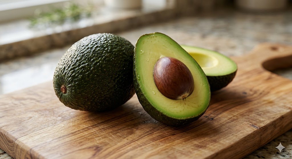 A whole avocado next to a halved avocado showing the large brown pit and green flesh — avocado flesh is mostly OK for dogs in small amounts but the pit, skin, and leaves contain a toxin called persin