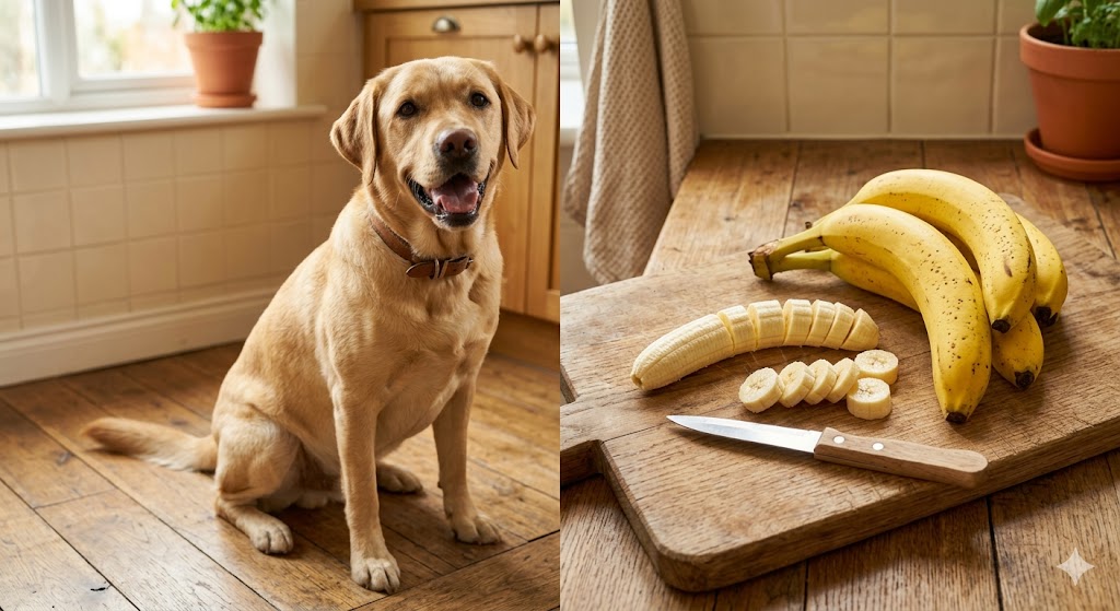 A few slices of fresh banana on a plate beside a friendly dog — bananas are a sweet, occasional treat dogs can enjoy in small amounts