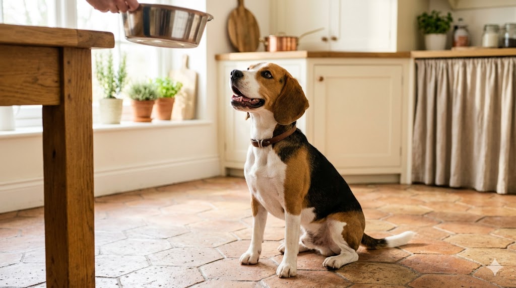 Healthy adult Beagle looking up at a food bowl in a kitchen