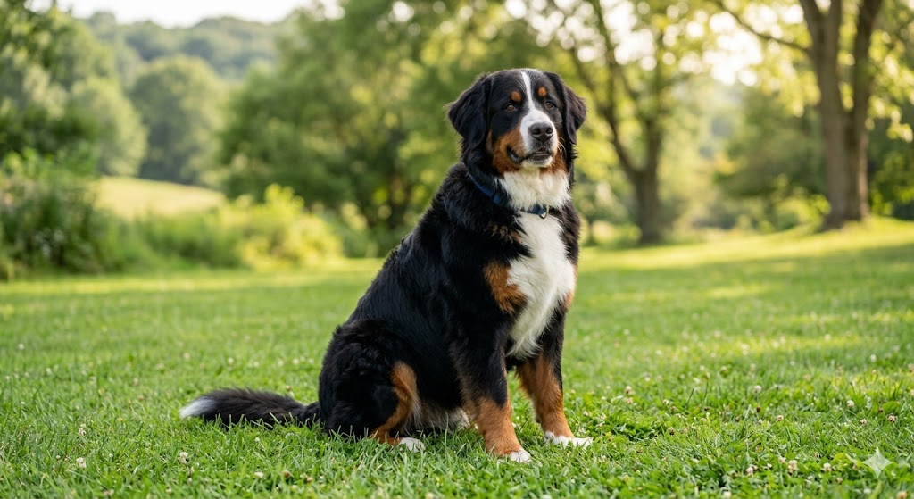 Healthy adult Bernese Mountain Dog sitting on green grass — feeding amount depends on age, weight, and activity