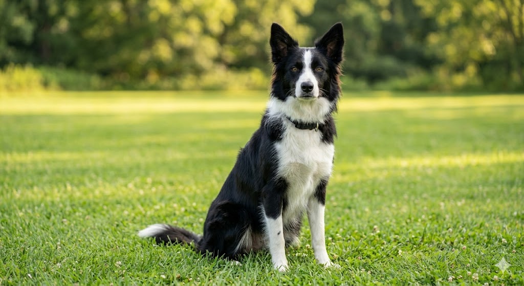 Healthy adult Border Collie standing alert on grass — feeding amount depends on age, weight, and activity