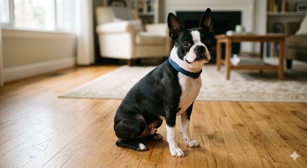Healthy adult Boston Terrier with classic tuxedo coat pattern — feeding amount depends on age, weight, and activity