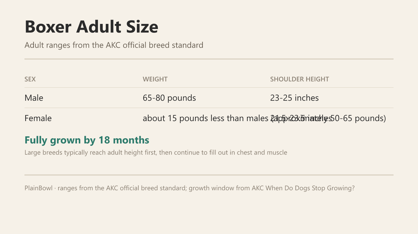 Boxer adult size and growth chart — male and female weight and shoulder-height ranges plus when this breed is fully grown