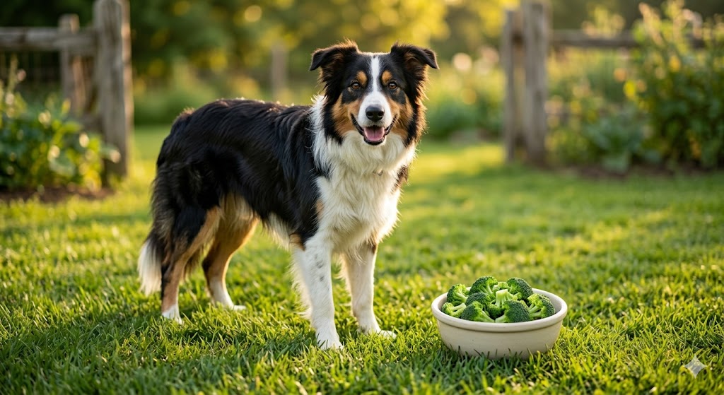 A friendly dog beside a few small broccoli florets — broccoli is a caution treat: safe under 10% of daily intake, harmful over 25%