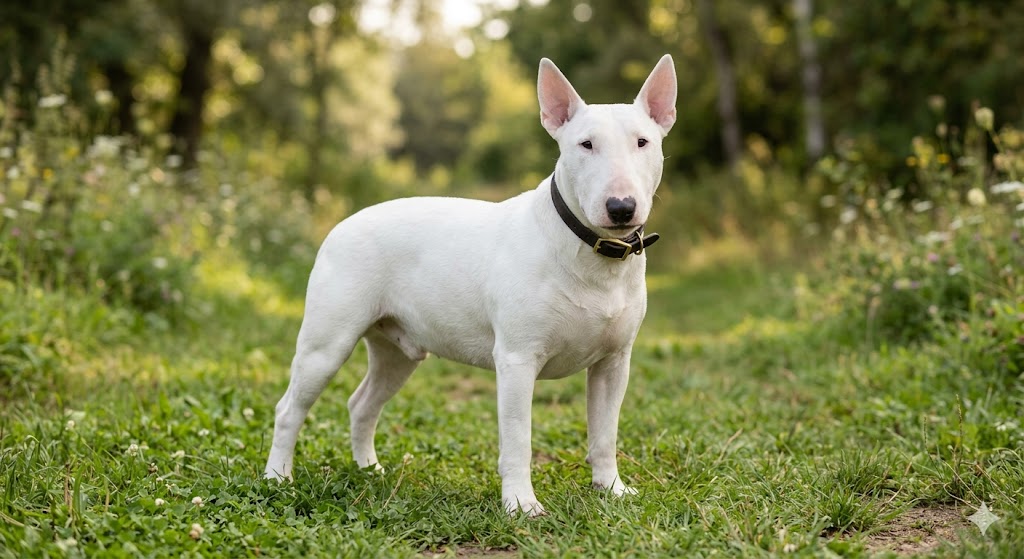 Healthy adult Bull Terrier with distinctive egg-shaped head and white coat — feeding amount depends on age, weight, and activity