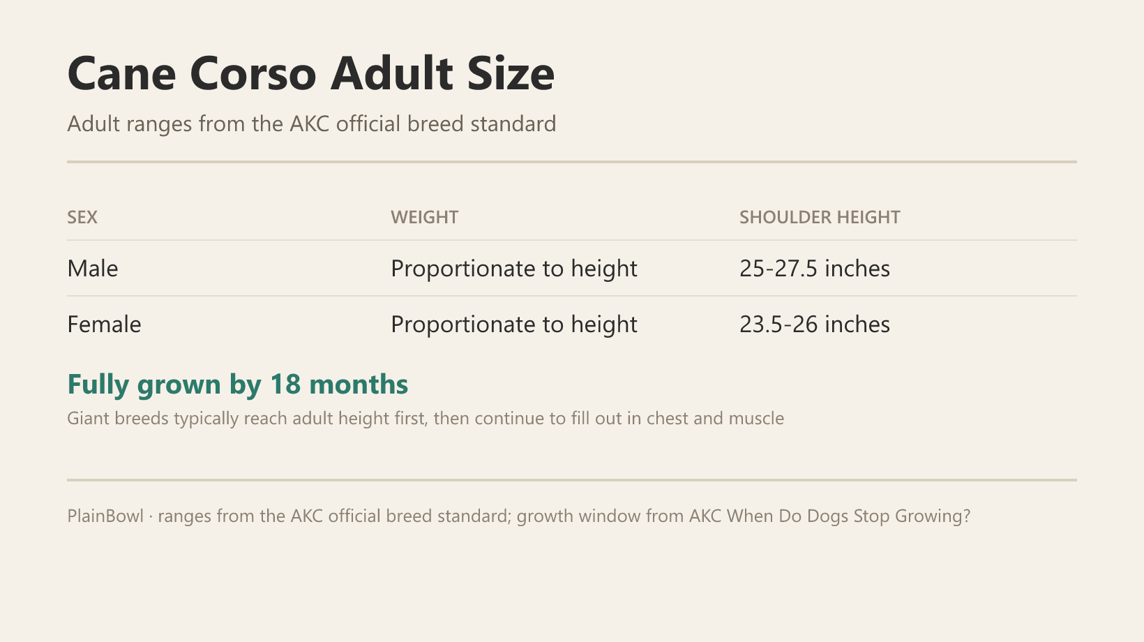 Cane Corso adult size and growth chart — male and female weight and shoulder-height ranges plus when this breed is fully grown