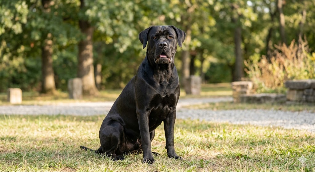 Healthy adult Cane Corso (Italian Mastiff) with muscular build and short black coat — feeding amount depends on age, weight, and activity