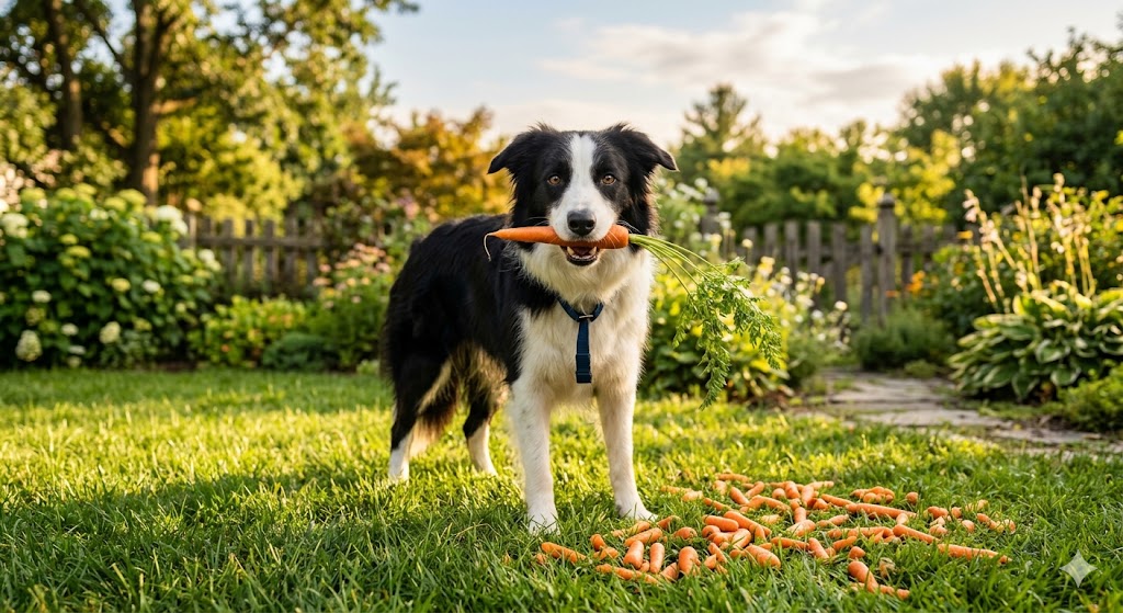 Bite-sized carrot chunks on a wooden board beside a friendly dog — carrots are a low-calorie, crunchy treat dogs can have raw or cooked