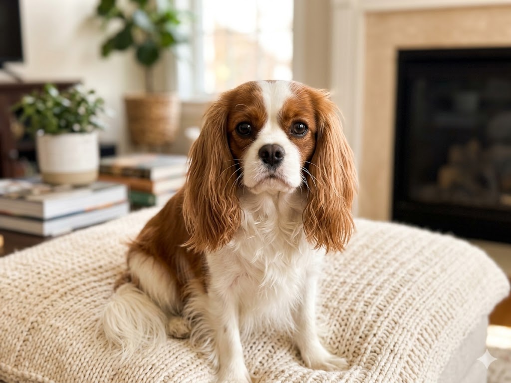 Healthy adult Cavalier King Charles Spaniel with Blenheim coat sitting on a cushion — feeding amount depends on age, weight, and activity