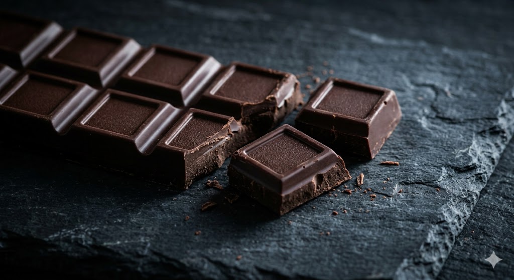Dark chocolate bar and broken squares on a slate surface — chocolate contains theobromine and caffeine and is toxic to dogs, with dark chocolate the most dangerous