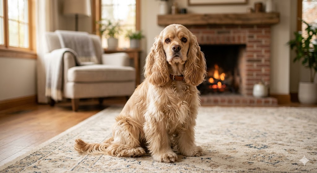 Healthy adult Cocker Spaniel sitting on a soft rug — feeding amount depends on age, weight, and activity