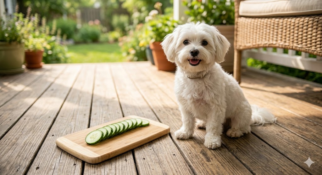 A small white dog beside thin cucumber slices on a cutting board — cucumber is a low-calorie, hydrating treat that's perfectly safe for dogs