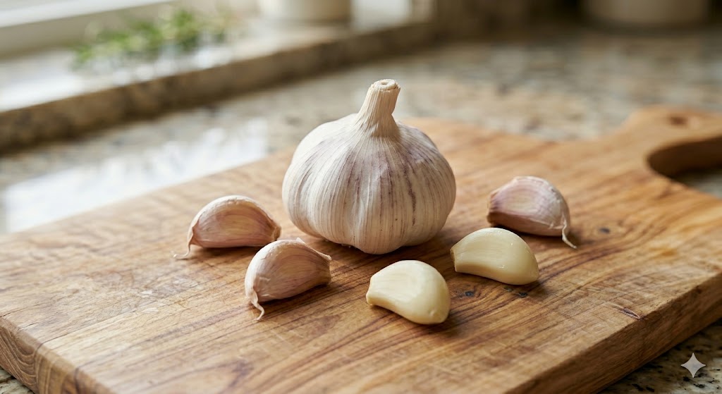 Close-up of a whole garlic bulb and a few separated cloves on a wooden cutting board — garlic is toxic to dogs and is five times more toxic than onions