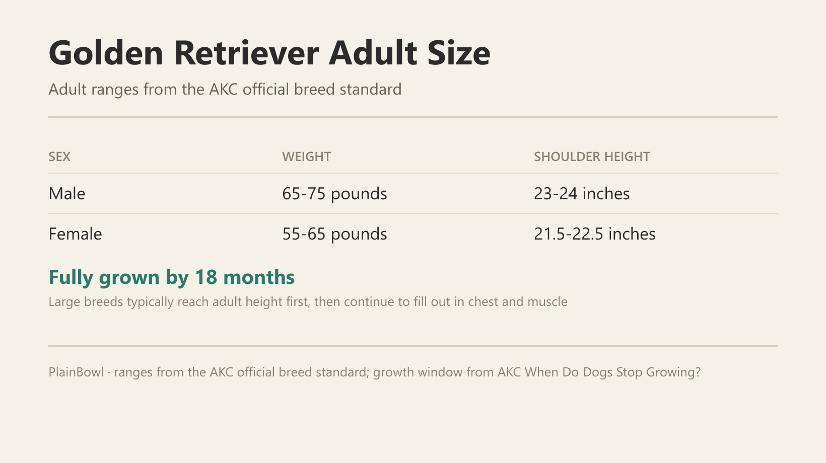 Golden Retriever adult size and growth chart — male and female weight and shoulder-height ranges plus when this breed is fully grown