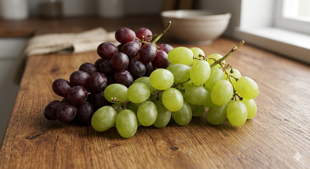 A bunch of red and green grapes on a wooden kitchen counter — grapes are toxic to dogs and can cause kidney failure