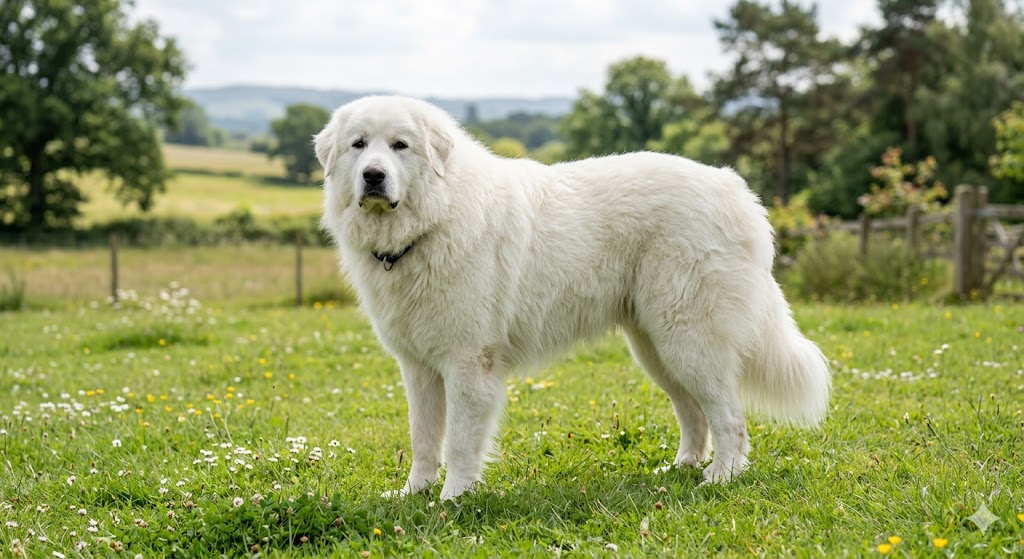 Healthy adult Great Pyrenees with thick white double coat and giant build — feeding amount depends on age, weight, and activity