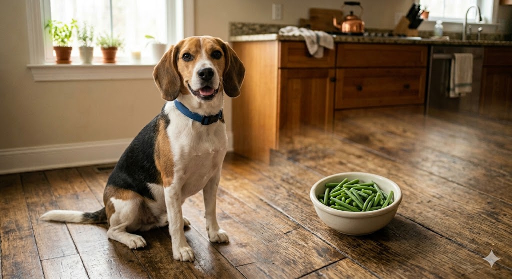 A friendly dog beside a small bowl of plain steamed green beans — green beans are one of the safest, lowest-calorie treats vets recommend for dogs