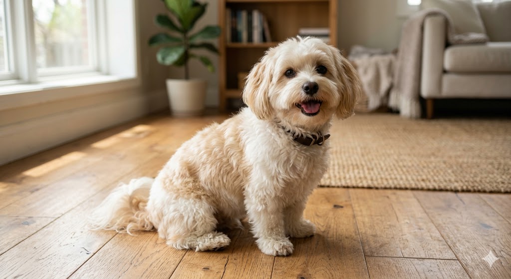 Healthy adult Havanese with fluffy double coat sitting on a wooden floor — feeding amount depends on age, weight, and activity