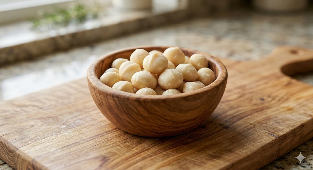 Close-up of raw macadamia nuts in a small wooden bowl — macadamia nuts are toxic to dogs and cause weakness, especially in the hind legs