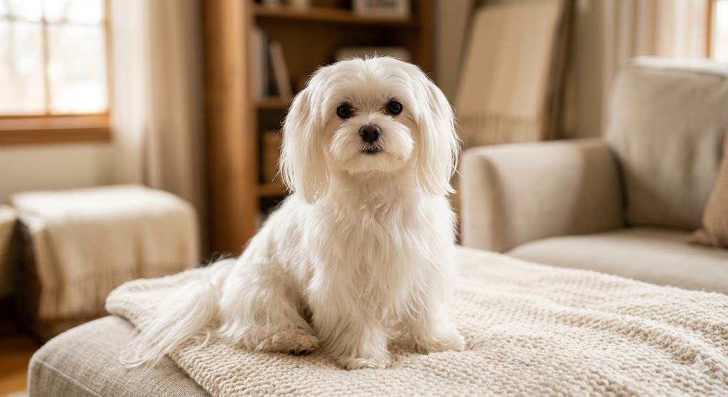 Healthy adult Maltese with long white silky coat sitting beside a small food bowl — feeding amount depends on age, weight, and activity