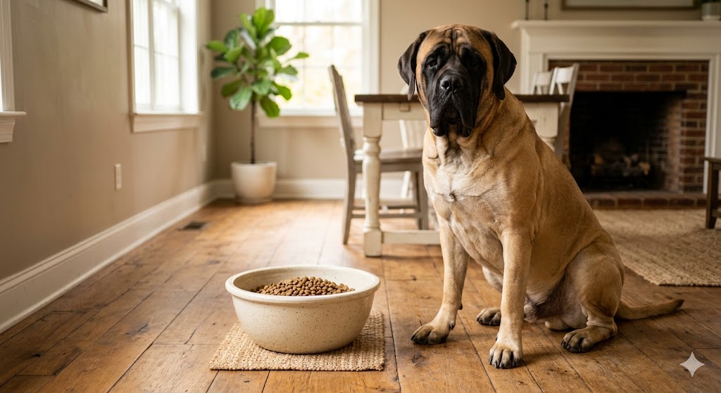 Healthy adult Mastiff sitting calmly beside a large food bowl in a home setting