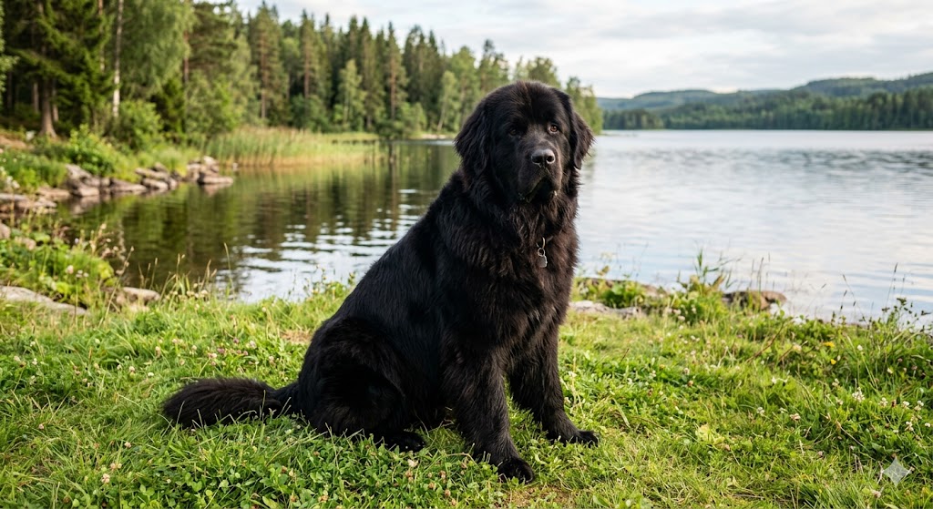 Healthy adult Newfoundland with massive black double coat — feeding amount depends on age, weight, and activity