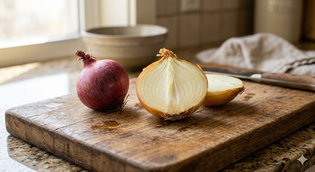 A whole yellow onion and one halved red onion on a wooden cutting board — onions and the rest of the allium family (garlic, leeks, chives, shallots) are toxic to dogs