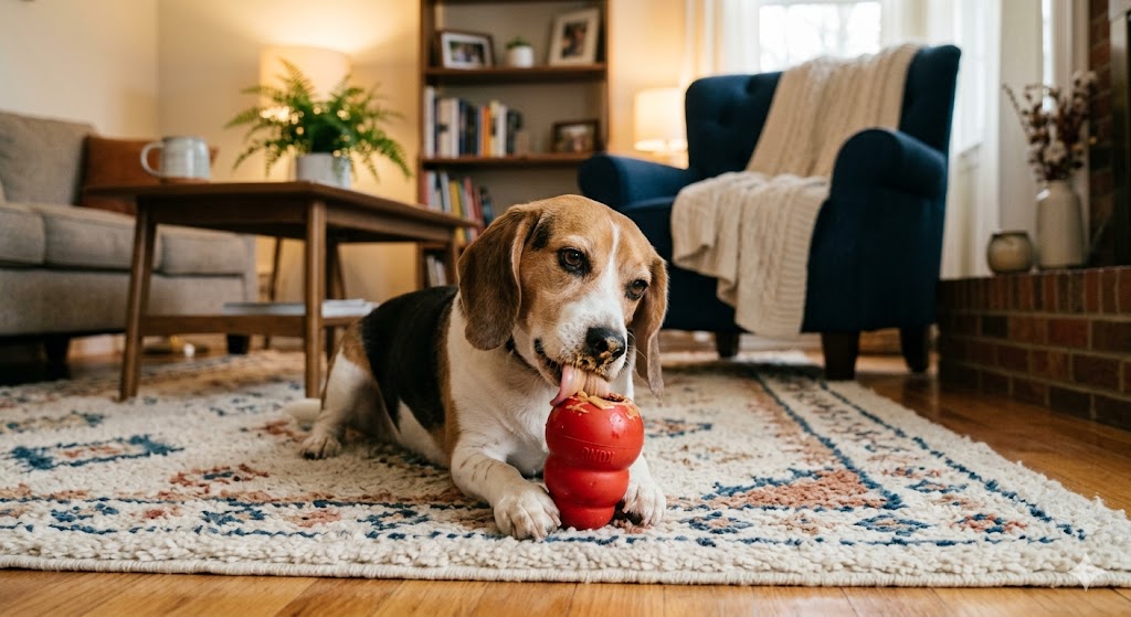 A small spoonful of plain peanut butter beside a friendly dog — peanut butter is a safe treat for dogs if the label is xylitol-free