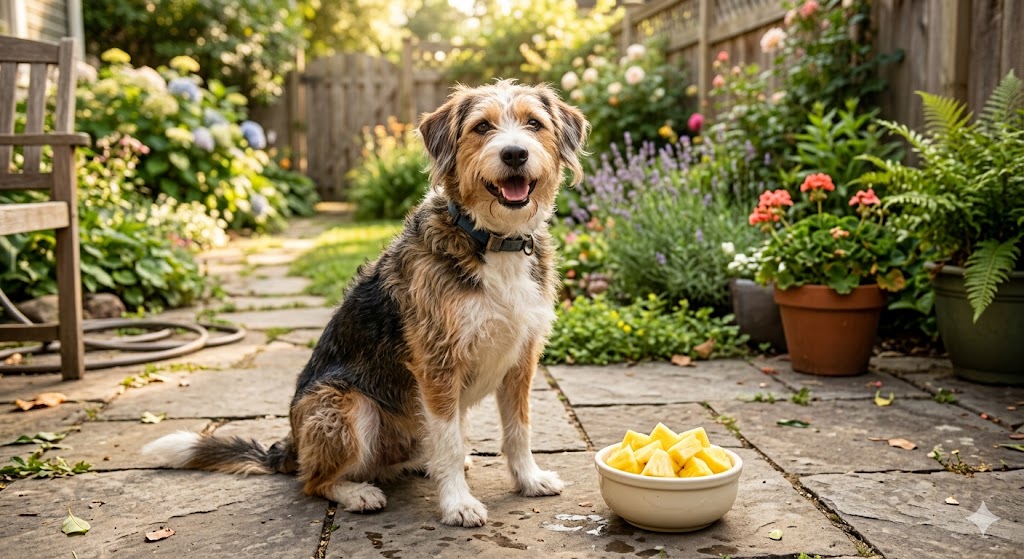 Fresh pineapple chunks in a bowl beside a friendly dog — fresh pineapple is a sweet treat dogs can enjoy in small amounts (skip canned and the core)