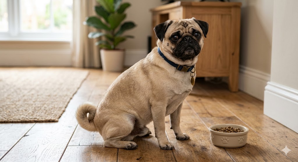 Healthy adult Pug sitting beside a small food bowl on a wooden floor indoors