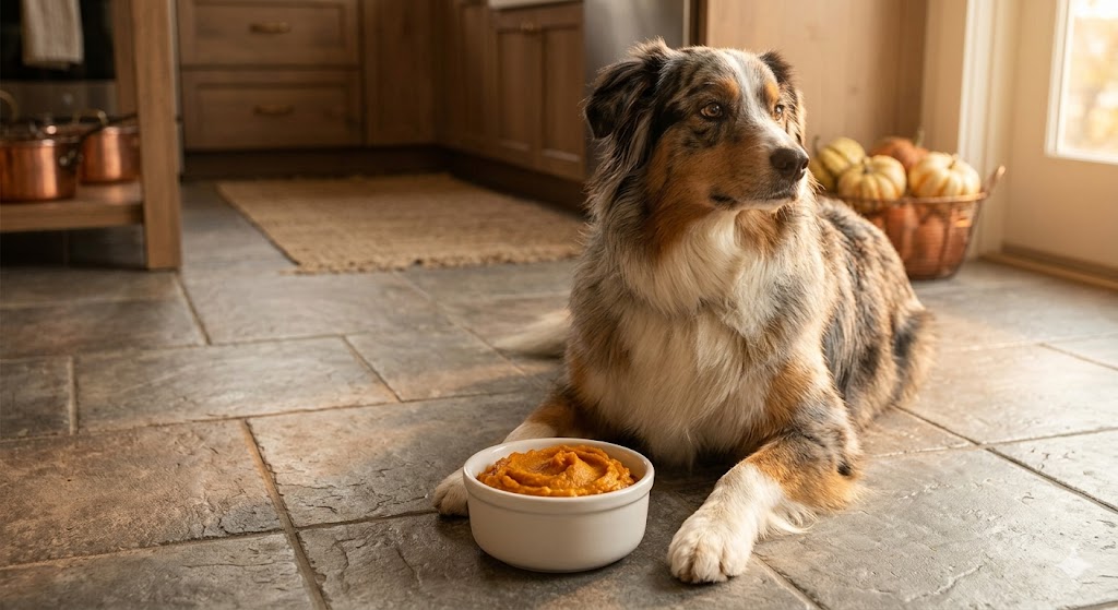A small dish of plain canned pumpkin puree beside a friendly dog — 100% pumpkin (not pie filling) is safe and gentle on dogs' digestion