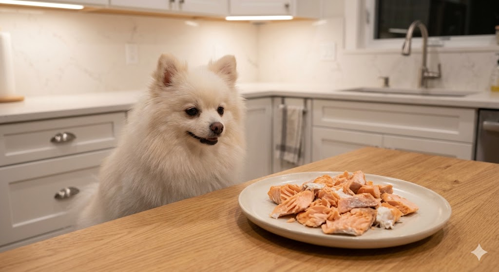 A dog beside a plate of plain cooked salmon flakes — salmon is great for dogs when cooked through, boneless, and plain, but raw salmon can carry dangerous parasites