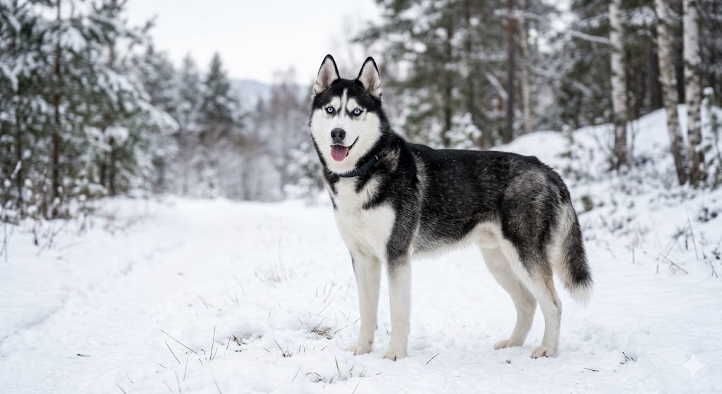 Healthy adult Siberian Husky (Husky) with classic blue eyes and black-and-white double coat — feeding amount depends on age, weight, and activity