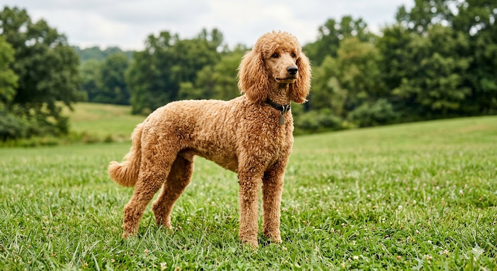 Healthy adult Standard Poodle with curly coat in simple natural cut — feeding amount depends on age, weight, and activity