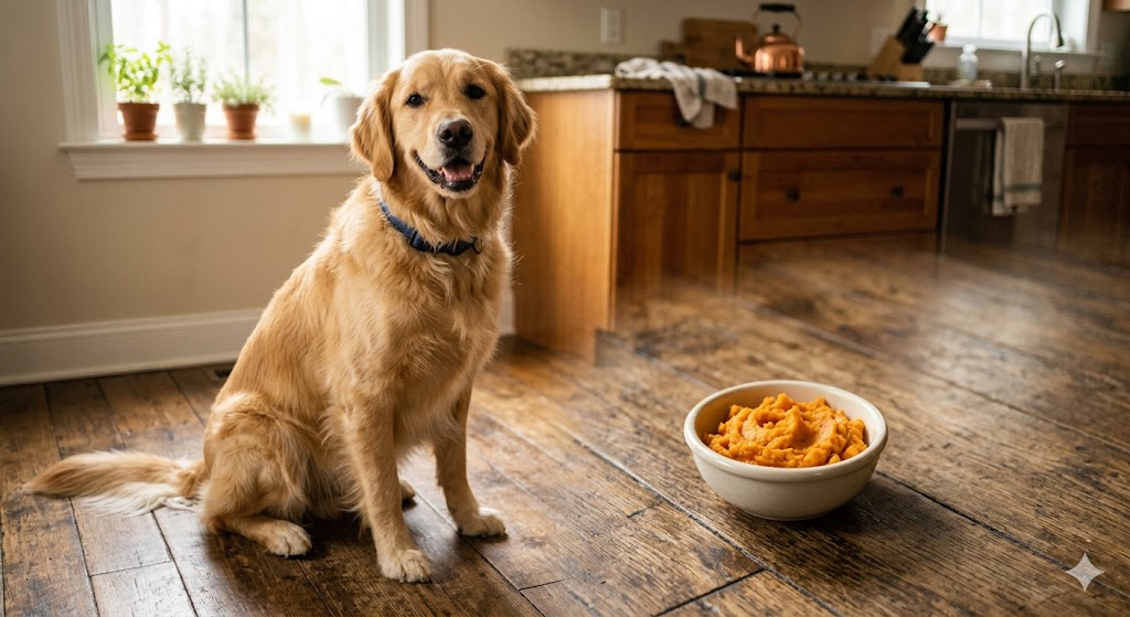 A friendly dog beside a small dish of cooked, peeled sweet potato — sweet potato is OK for dogs cooked plain in small amounts, but the FDA has flagged it in commercial foods linked to DCM