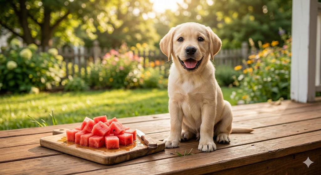 Cubed seedless watermelon with rind removed beside a friendly dog — watermelon is a hydrating summer treat once seeds and rind are gone