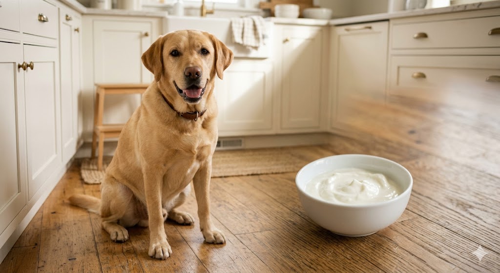 A friendly Labrador beside a small white ceramic bowl with plain unsweetened white yogurt — yogurt is OK for dogs in small amounts but lactose is the catch